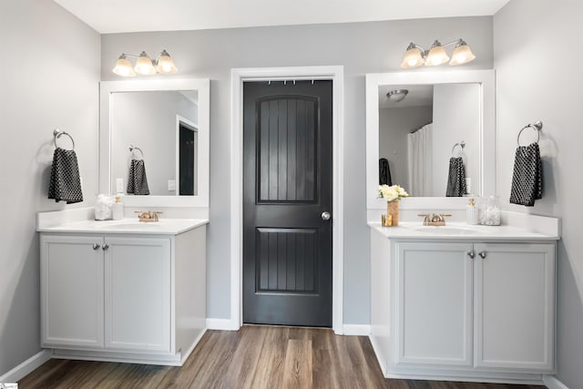 45 Lake Harbor Ct, Greer, SC 29651 - bathroom featuring wood finished floors, two vanities, and baseboards