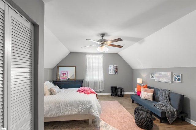 45 Lake Harbor Ct, Greer, SC 29651 - bedroom with wood finished floors, baseboards, vaulted ceiling, and ceiling fan