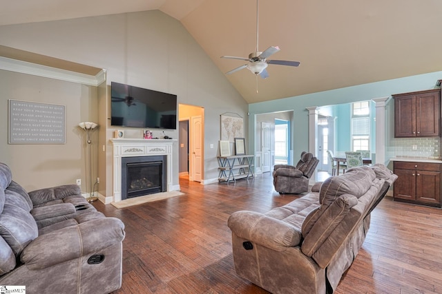 202 Buxton Ct, Easley, SC 29642 - living room with a ceiling fan, high vaulted ceiling, a glass covered fireplace, and wood finished floors