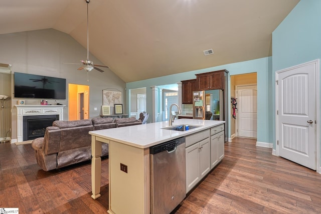 202 Buxton Ct, Easley, SC 29642 - kitchen with a sink, stainless steel dishwasher, a ceiling fan, light countertops, and high vaulted ceiling