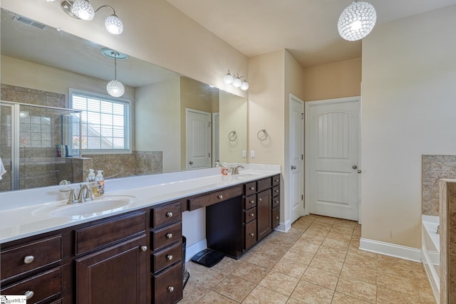 202 Buxton Ct, Easley, SC 29642 - bathroom with a garden tub, double vanity, a stall shower, tile patterned floors, and baseboards