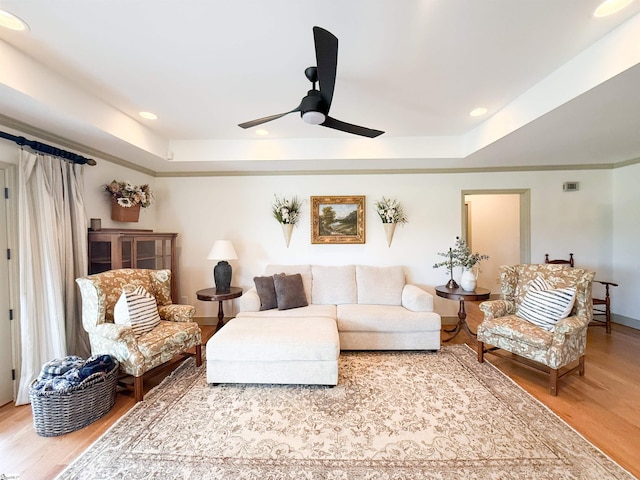 6050 Cross Anchor Rd, Enoree, SC 29335 - living room with a raised ceiling, wood finished floors, ceiling fan, and recessed lighting