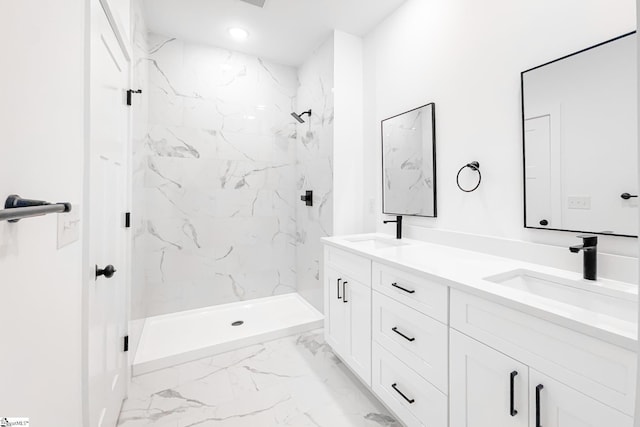 1623 Fairfield Rd, Chesnee, SC 29323 - bathroom featuring marble finish floors, double vanity, a marble finish shower, and recessed lighting