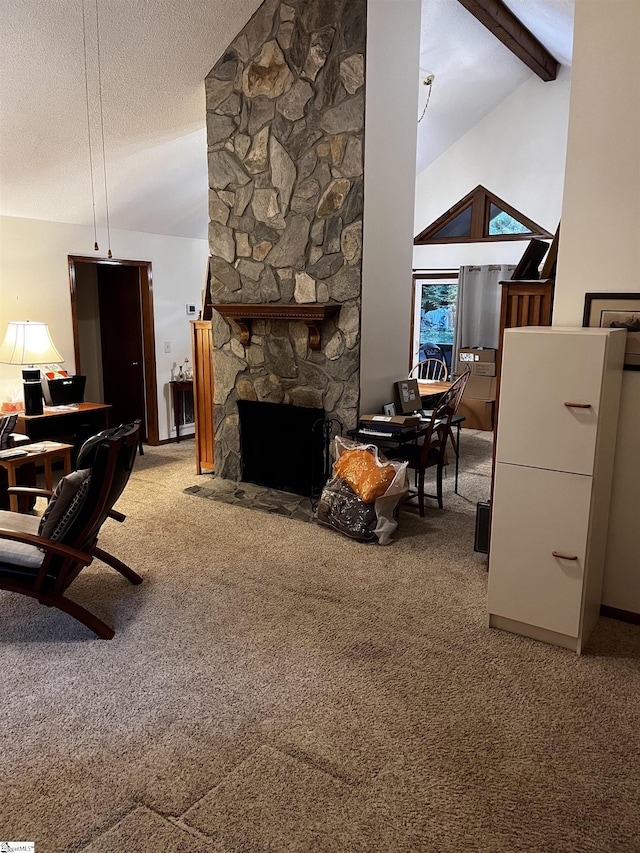106 Stonegate Ct, Simpsonville, SC 29681 - living area featuring carpet, a textured ceiling, beam ceiling, an office area, and a stone fireplace
