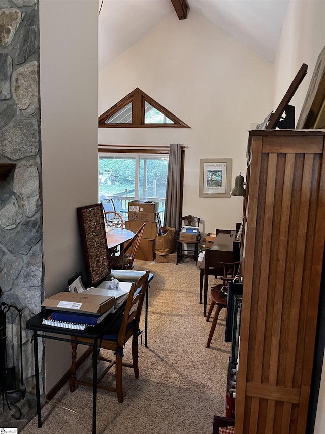 106 Stonegate Ct, Simpsonville, SC 29681 - home office with carpet floors, high vaulted ceiling, and beamed ceiling