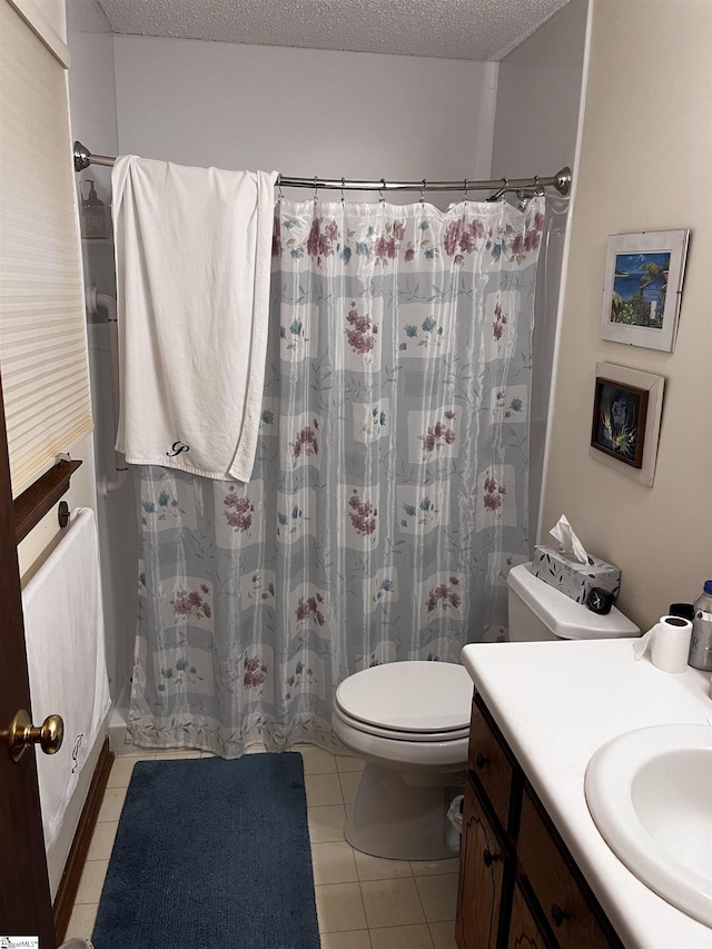 106 Stonegate Ct, Simpsonville, SC 29681 - bathroom featuring toilet, vanity, tile patterned floors, a textured ceiling, and a shower with shower curtain