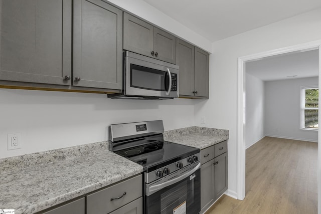 528 Market St, Spartanburg, SC 29301 - kitchen featuring stainless steel appliances, light wood-style floors, gray cabinets, and baseboards