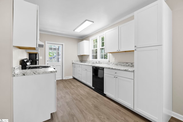 202 E Green St, Iva, SC 29655 - kitchen with dishwasher, light wood-style flooring, white cabinets, ornamental molding, and exhaust hood