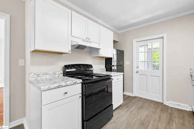 202 E Green St, Iva, SC 29655 - kitchen with under cabinet range hood, black electric range oven, light wood-style flooring, white cabinetry, and ornamental molding