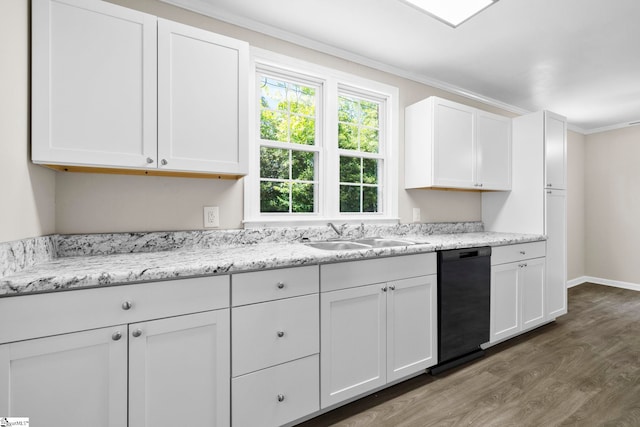 202 E Green St, Iva, SC 29655 - kitchen with black dishwasher, a sink, wood finished floors, white cabinetry, and ornamental molding