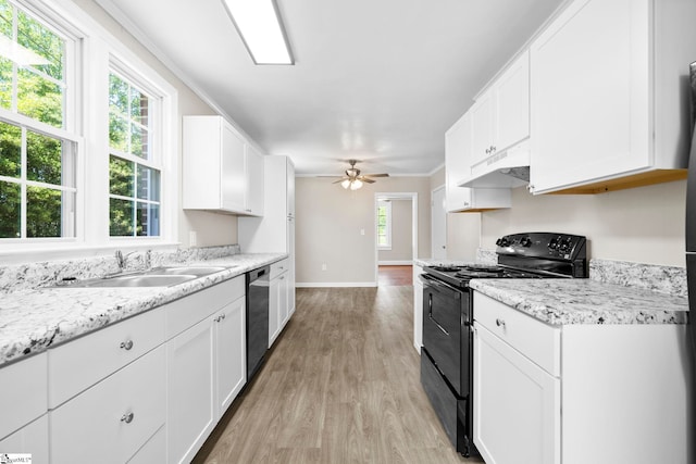 202 E Green St, Iva, SC 29655 - kitchen with black range with electric stovetop, light wood-type flooring, stainless steel dishwasher, a ceiling fan, and under cabinet range hood