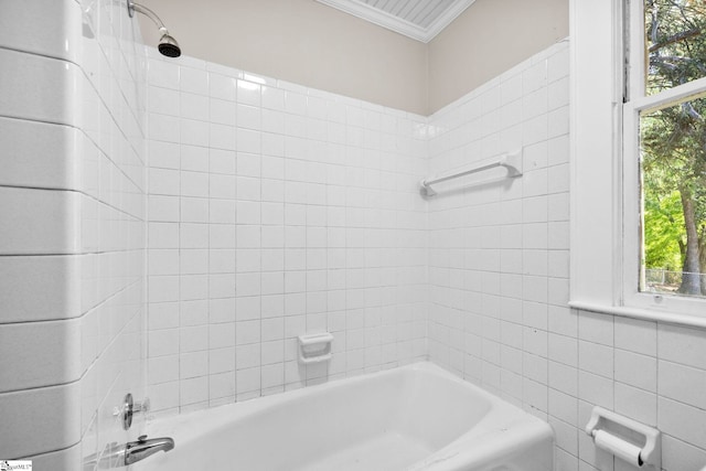 202 E Green St, Iva, SC 29655 - full bath featuring crown molding, healthy amount of natural light, bathtub / shower combination, and tile walls