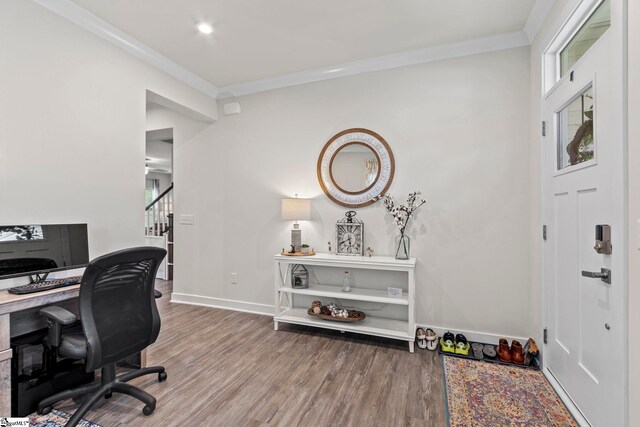 311 Sandusky Ln, Simpsonville, SC 29680 - office space with ornamental molding, wood finished floors, baseboards, and recessed lighting