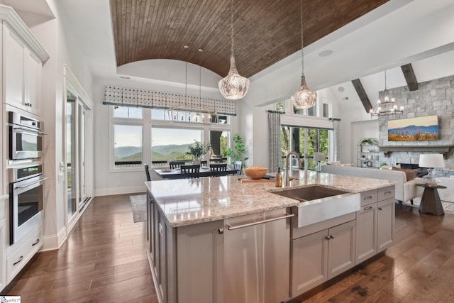 1110 Mountain Summit Rd, Travelers Rest, SC 29690 - kitchen featuring stainless steel dishwasher, a sink, lofted ceiling, a fireplace, and dark wood-type flooring