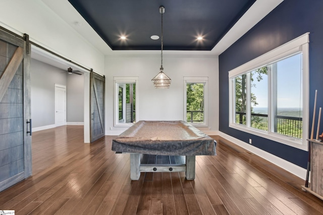 1110 Mountain Summit Rd, Travelers Rest, SC 29690 - game room with a barn door, billiards, a raised ceiling, and dark wood-style flooring