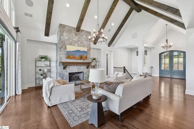 1110 Mountain Summit Rd, Travelers Rest, SC 29690 - living room featuring a chandelier, high vaulted ceiling, french doors, dark wood-style floors, and beam ceiling