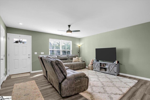 275 Ralston Rd, Greer, SC 29651 - living room with baseboards, wood finished floors, and ceiling fan