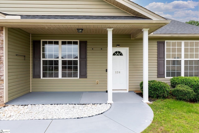124 Bascom Ct, Greer, SC 29650 - property entrance featuring covered porch and a shingled roof