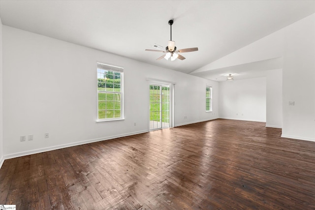 124 Bascom Ct, Greer, SC 29650 - empty room with a ceiling fan, dark wood-style flooring, vaulted ceiling, and baseboards
