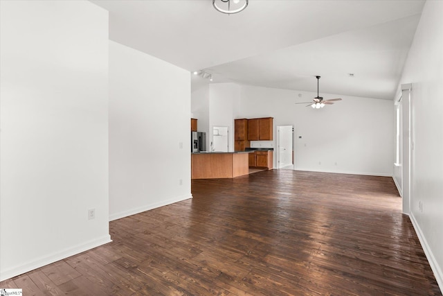 124 Bascom Ct, Greer, SC 29650 - unfurnished living room featuring a ceiling fan, dark wood-style flooring, baseboards, and high vaulted ceiling