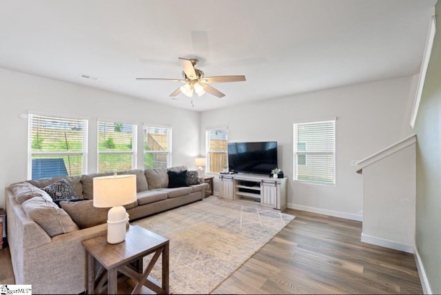 1019 Appalachian Dr, Moore, SC 29369 - living room featuring a ceiling fan, wood finished floors, and baseboards