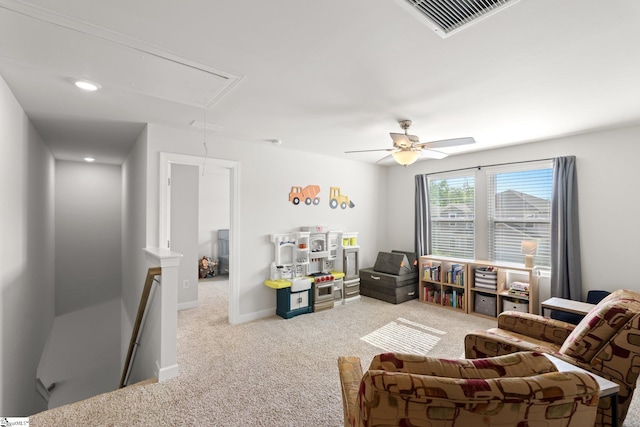 1019 Appalachian Dr, Moore, SC 29369 - living room featuring attic access, carpet flooring, baseboards, and ceiling fan