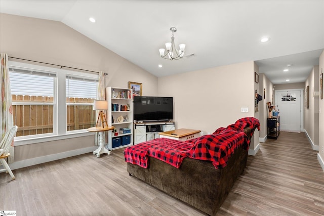 101 Sunrise Rd, Spartanburg, SC 29302 - living room with light wood-type flooring, a chandelier, vaulted ceiling, baseboards, and recessed lighting