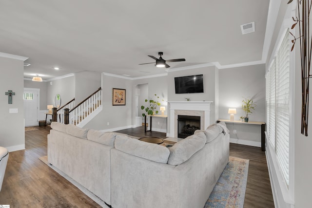 113 Marshfield Trl, Simpsonville, SC 29680 - living room featuring stairway, a ceiling fan, baseboards, crown molding, and a premium fireplace