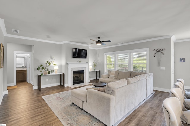 113 Marshfield Trl, Simpsonville, SC 29680 - living room with ceiling fan, wood finished floors, a premium fireplace, crown molding, and baseboards