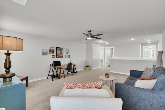 113 Marshfield Trl, Simpsonville, SC 29680 - living room featuring light carpet, a desk, recessed lighting, ceiling fan, and baseboards