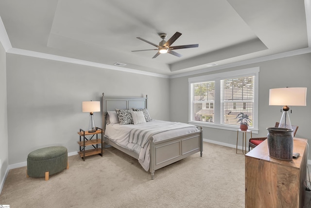 113 Marshfield Trl, Simpsonville, SC 29680 - bedroom featuring a tray ceiling, baseboards, light colored carpet, and ceiling fan