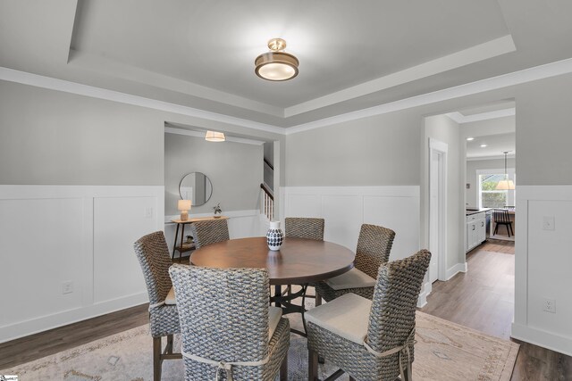 113 Marshfield Trl, Simpsonville, SC 29680 - dining room featuring a raised ceiling, wood finished floors, wainscoting, a decorative wall, and crown molding