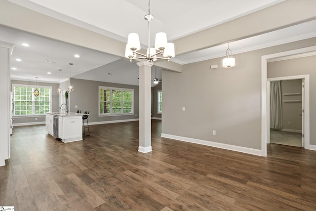 116 Woodstone Dr, Easley, SC 29642 - unfurnished living room featuring a sink, baseboards, a chandelier, dark wood-type flooring, and recessed lighting
