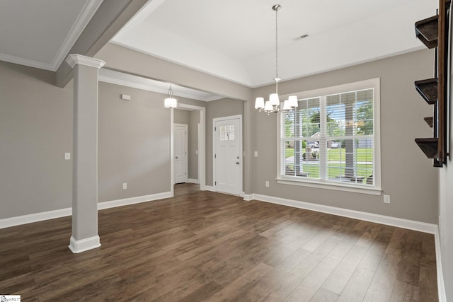 116 Woodstone Dr, Easley, SC 29642 - foyer with dark wood-style flooring, baseboards, ornamental molding, a chandelier, and ornate columns