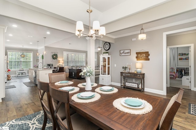 116 Woodstone Dr, Easley, SC 29642 - dining space with a chandelier, dark wood-style floors, baseboards, crown molding, and recessed lighting