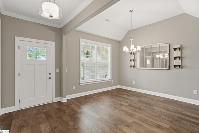 116 Woodstone Dr, Easley, SC 29642 - foyer entrance featuring wood finished floors, a chandelier, baseboards, vaulted ceiling, and crown molding