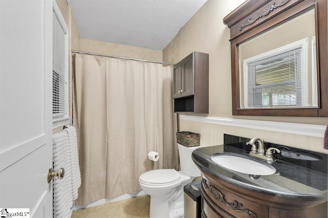469 Royal Oak Dr, Spartanburg, SC 29302 - bathroom featuring vanity, toilet, a shower with shower curtain, a textured ceiling, and wainscoting