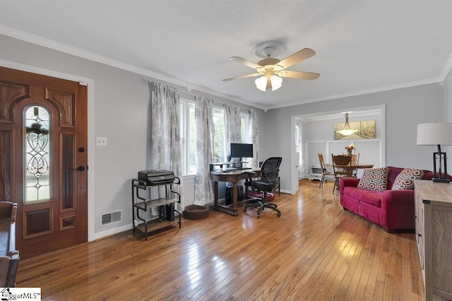 469 Royal Oak Dr, Spartanburg, SC 29302 - office area featuring light wood-style flooring, ceiling fan, crown molding, and baseboards