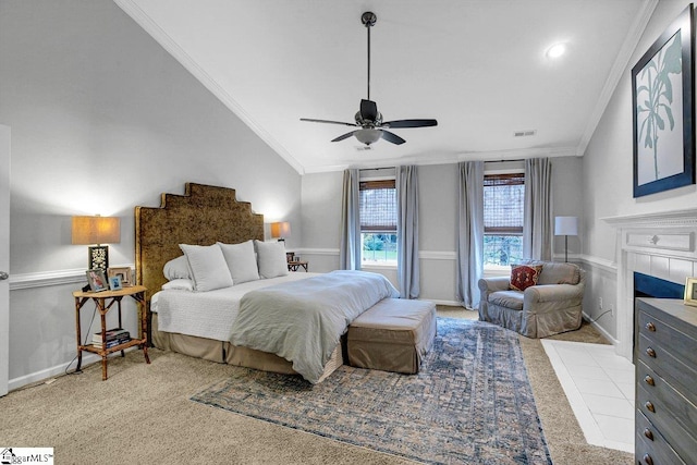 500 E Mountain Creek Rd, Taylors, SC 29687 - carpeted bedroom featuring ornamental molding, a tile fireplace, a ceiling fan, and wainscoting