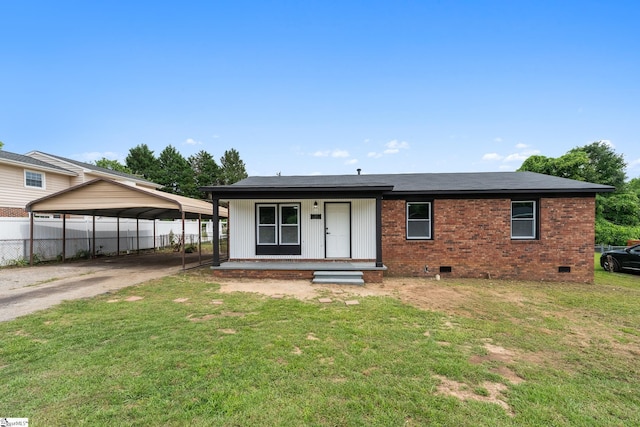 127 Chelsea St, Moore, SC 29369 - view of front of home featuring crawl space, a carport, concrete driveway, a porch, and brick siding