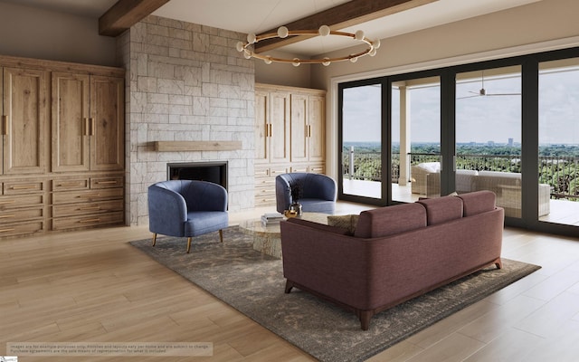 217 Trevi Dr Lot 463, Greenville, SC 29609 - living room with beam ceiling, light wood-style flooring, and a fireplace
