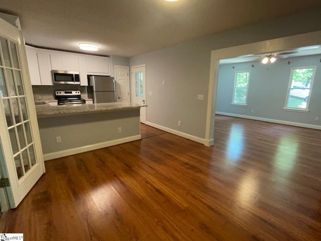 1002 Still Holllow Ln, Taylors, SC 29687 - kitchen featuring appliances with stainless steel finishes, white cabinetry, a peninsula, dark wood-style floors, and a ceiling fan