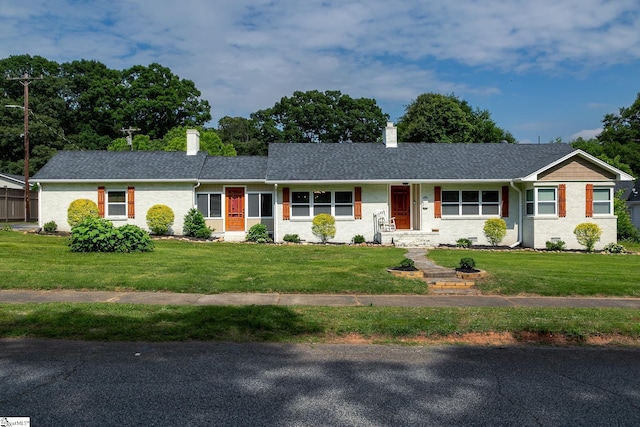 418 N Alabama Ave, Chesnee, SC 29323 - ranch-style house featuring a chimney, a front lawn, brick siding, and a shingled roof