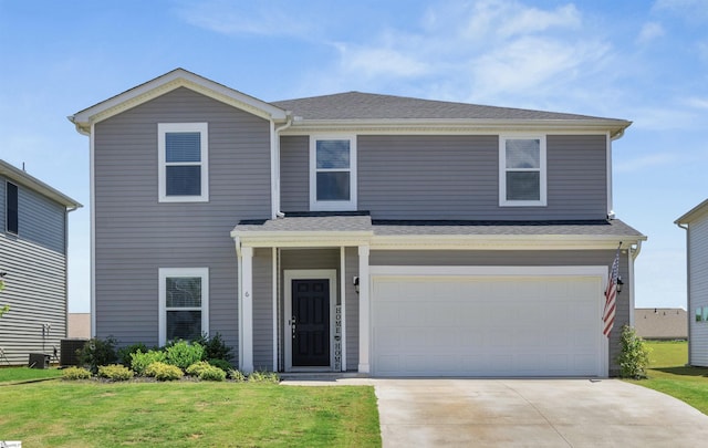 6 Shorncliffe Rd, Simpsonville, SC 29680 - traditional-style house featuring concrete driveway, an attached garage, a front yard, central air condition unit, and a shingled roof