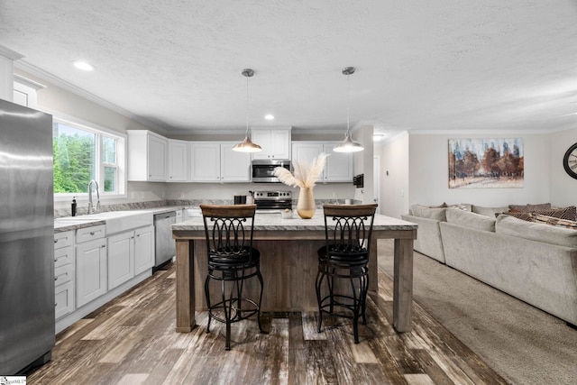 105 Penson Rd, Honea Path, SC 29654 - kitchen featuring appliances with stainless steel finishes, ornamental molding, open floor plan, a kitchen bar, and dark wood finished floors