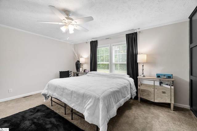 105 Penson Rd, Honea Path, SC 29654 - carpeted bedroom featuring ornamental molding, baseboards, a textured ceiling, and a ceiling fan