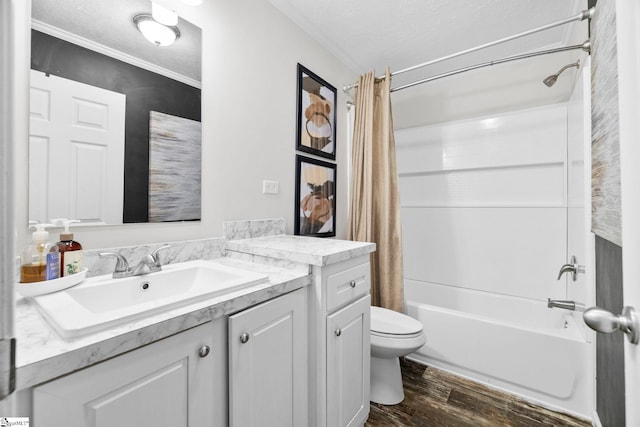 105 Penson Rd, Honea Path, SC 29654 - bathroom with wood finished floors, vanity, toilet, shower / tub combo with curtain, and crown molding
