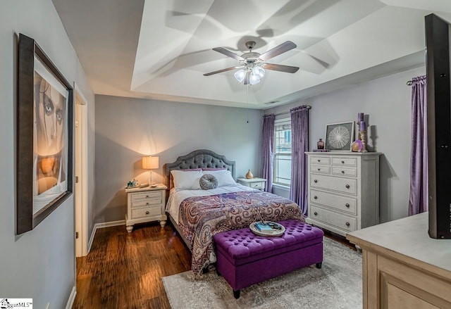 653 Chartwell Dr, Greer, SC 29650 - bedroom featuring wood finished floors, baseboards, a raised ceiling, and a ceiling fan