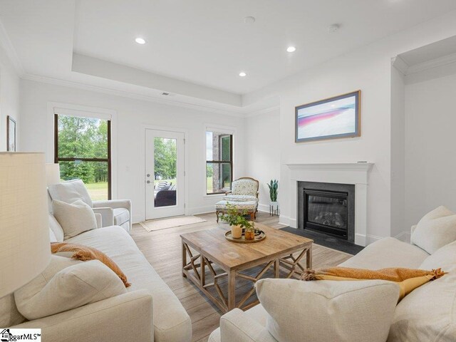 115 Harbor Master Ln, Taylors, SC 29687 - living room featuring light wood-style flooring, recessed lighting, a fireplace with flush hearth, a raised ceiling, and ornamental molding