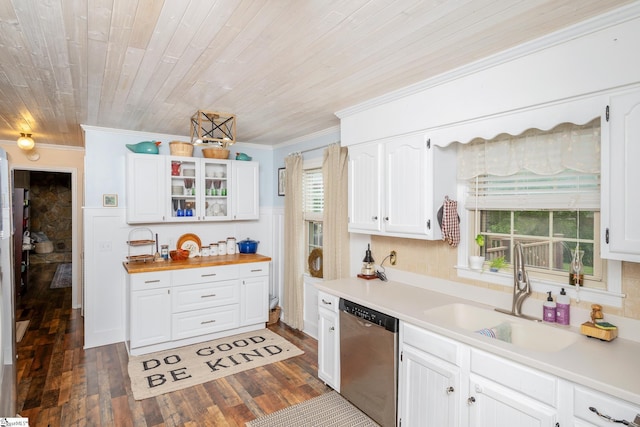 208 S Severn Cir, Easley, SC 29642 - kitchen with stainless steel dishwasher, crown molding, white cabinets, light countertops, and a sink